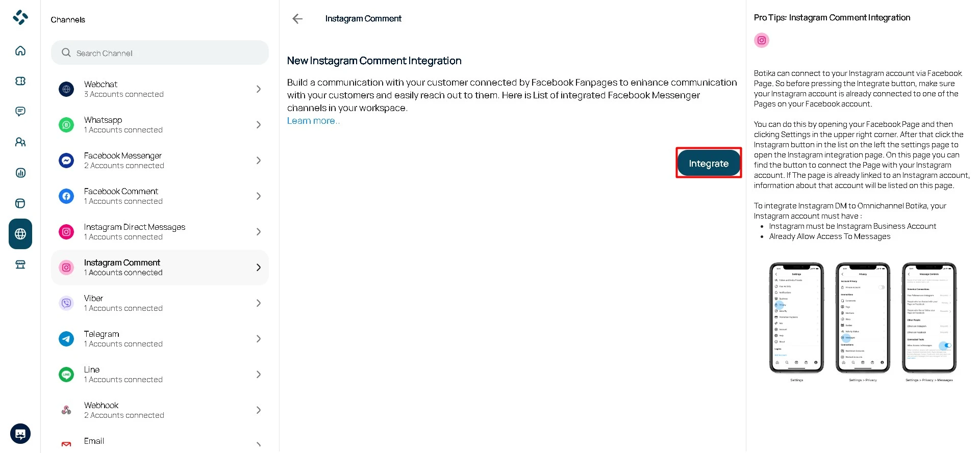 Step 2: Instagram comment integration setup