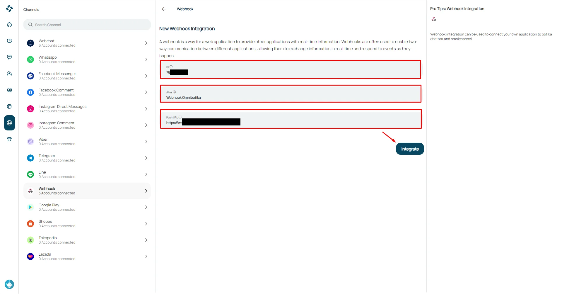 Step 2: Webhook integration setup